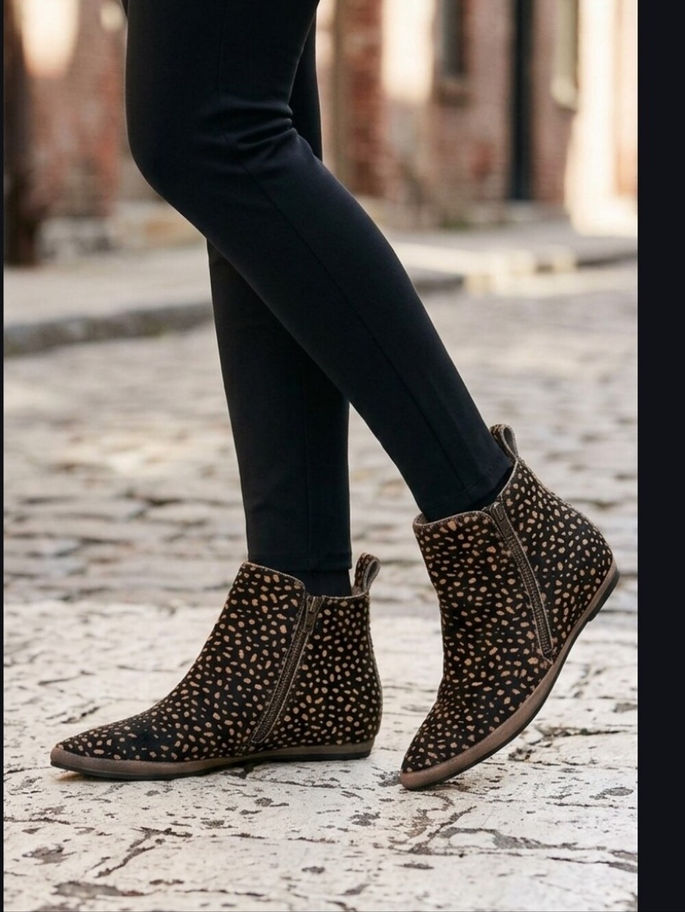 Free People Melrose Black Tan Calf Hair Animal Print Ponted Toe Ankle Boots 38